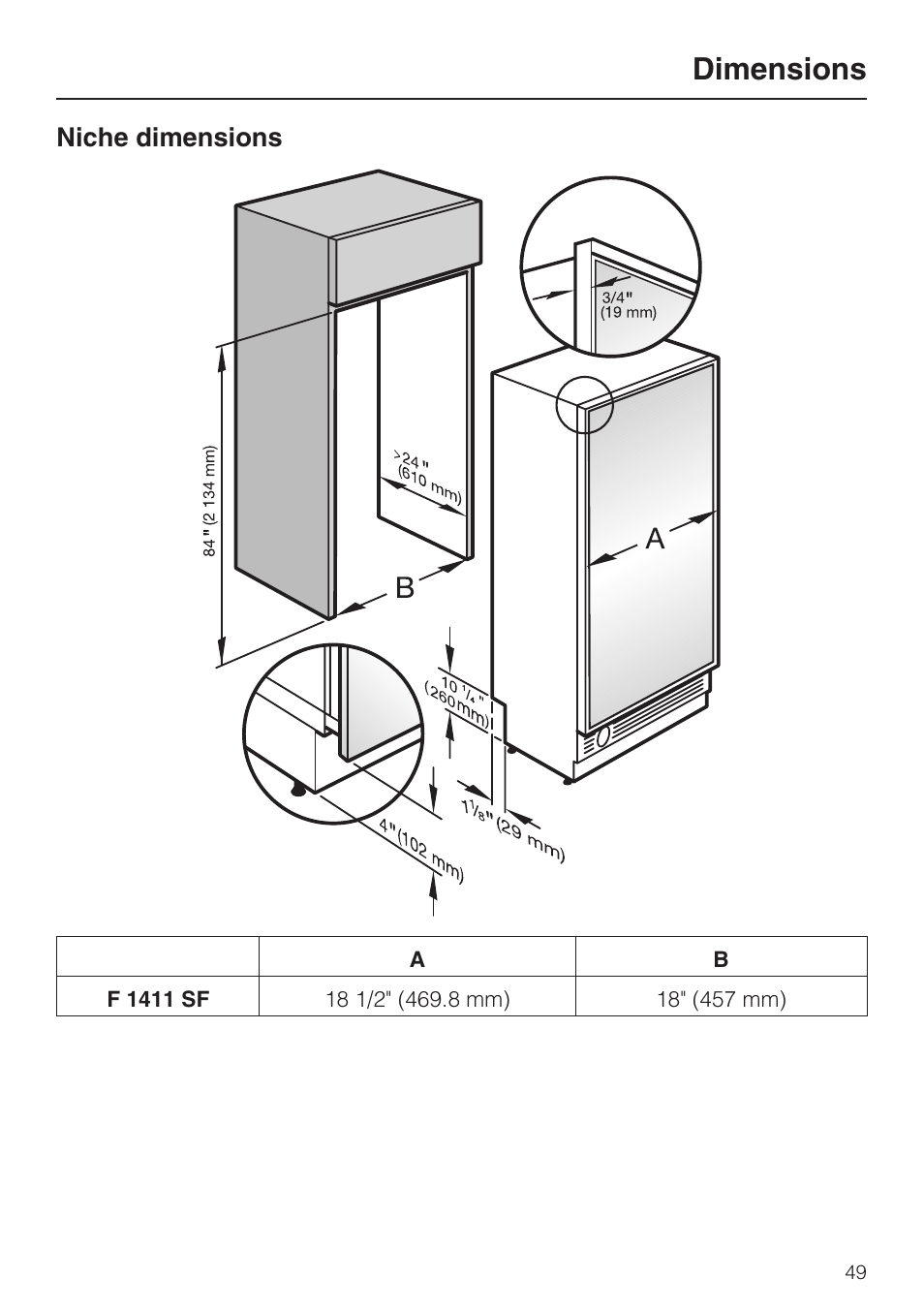 Dimensions 49, Dimensions, Niche dimensions | Miele F1411SF User Manual | Page 49 / 72