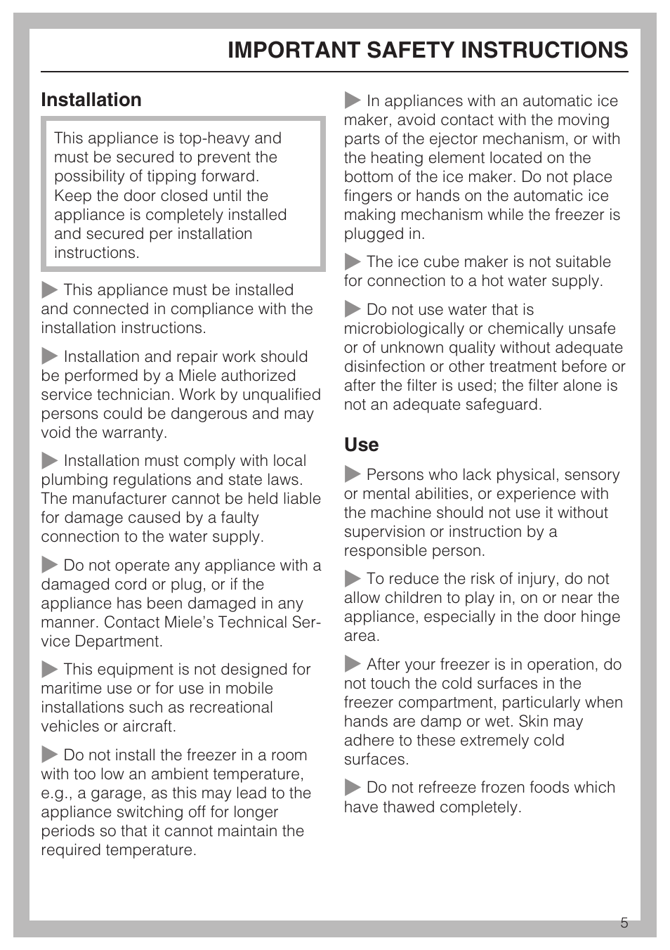 Important safety instructions | Miele F1411SF User Manual | Page 5 / 72