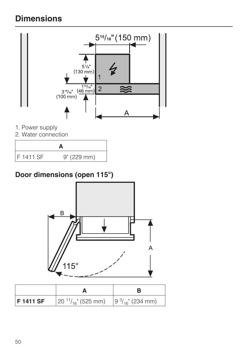 Dimensions, Door dimensions (open 115°) | Miele F1411SF User Manual | Page 50 / 72
