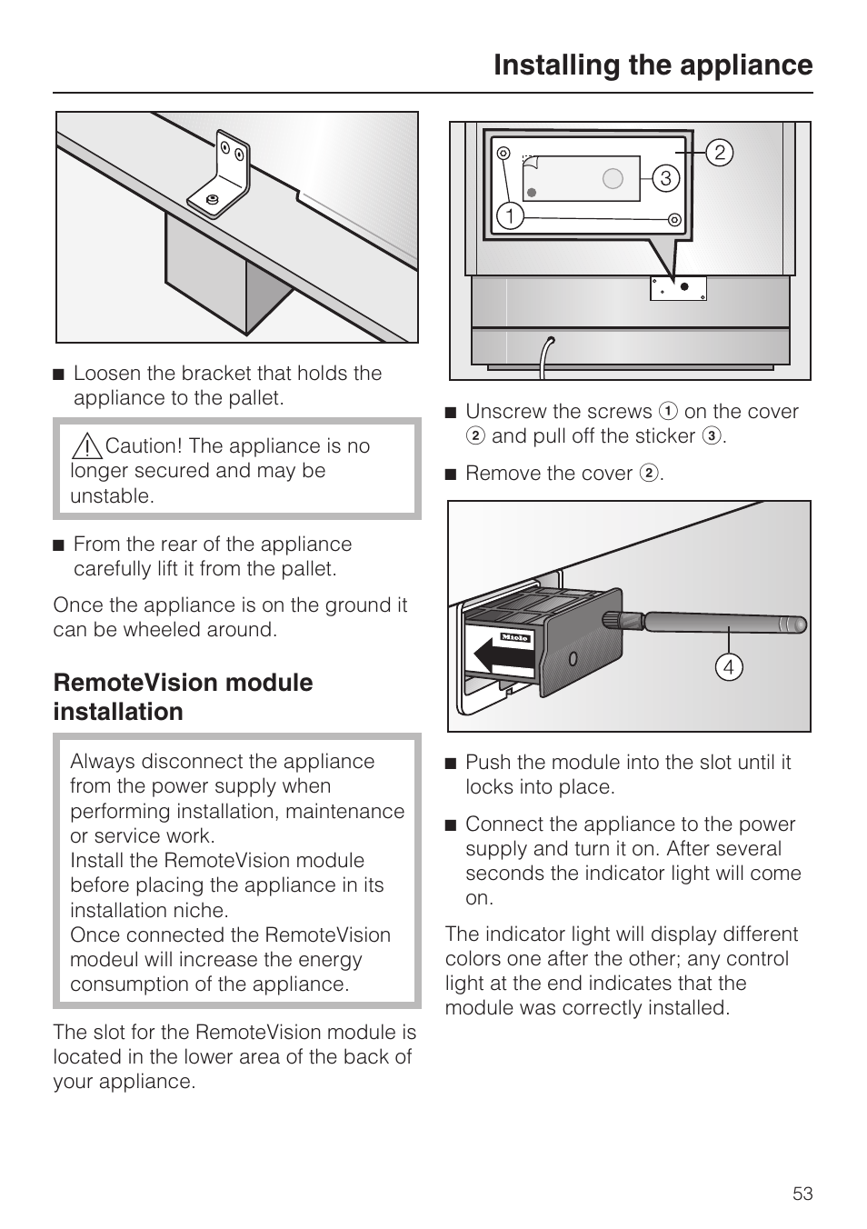 Remotevision module installation 53, Installing the appliance, Remotevision module installation | Miele F1411SF User Manual | Page 53 / 72