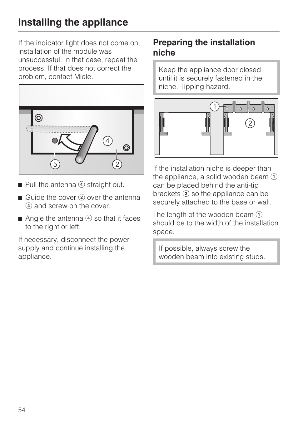 Preparing the installation niche 54, Installing the appliance, Preparing the installation niche | Miele F1411SF User Manual | Page 54 / 72