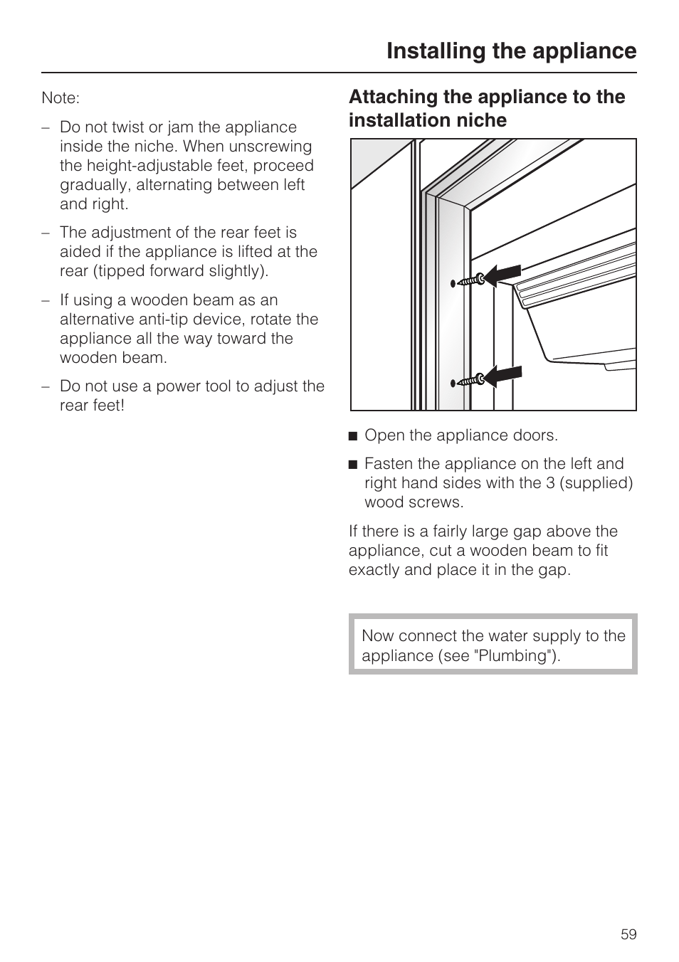 Installing the appliance, Attaching the appliance to the installation niche | Miele F1411SF User Manual | Page 59 / 72