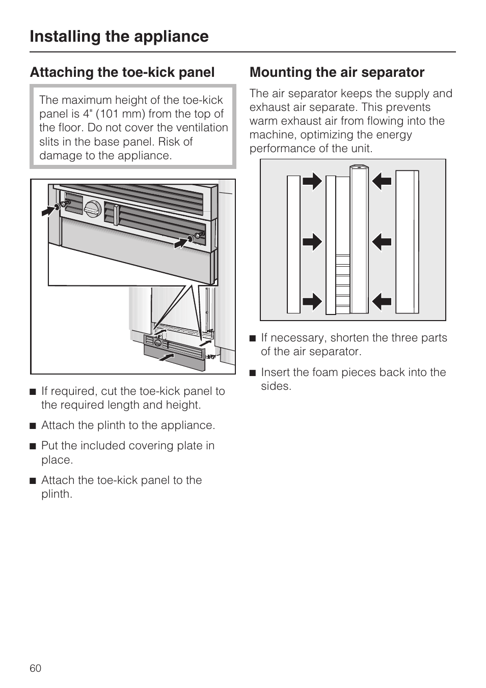 Installing the appliance, Attaching the toe-kick panel, Mounting the air separator | Miele F1411SF User Manual | Page 60 / 72