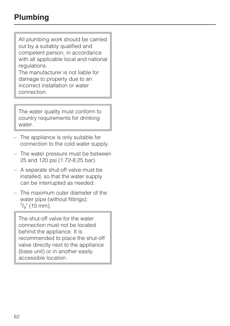 Plumbing 62, Plumbing | Miele F1411SF User Manual | Page 62 / 72