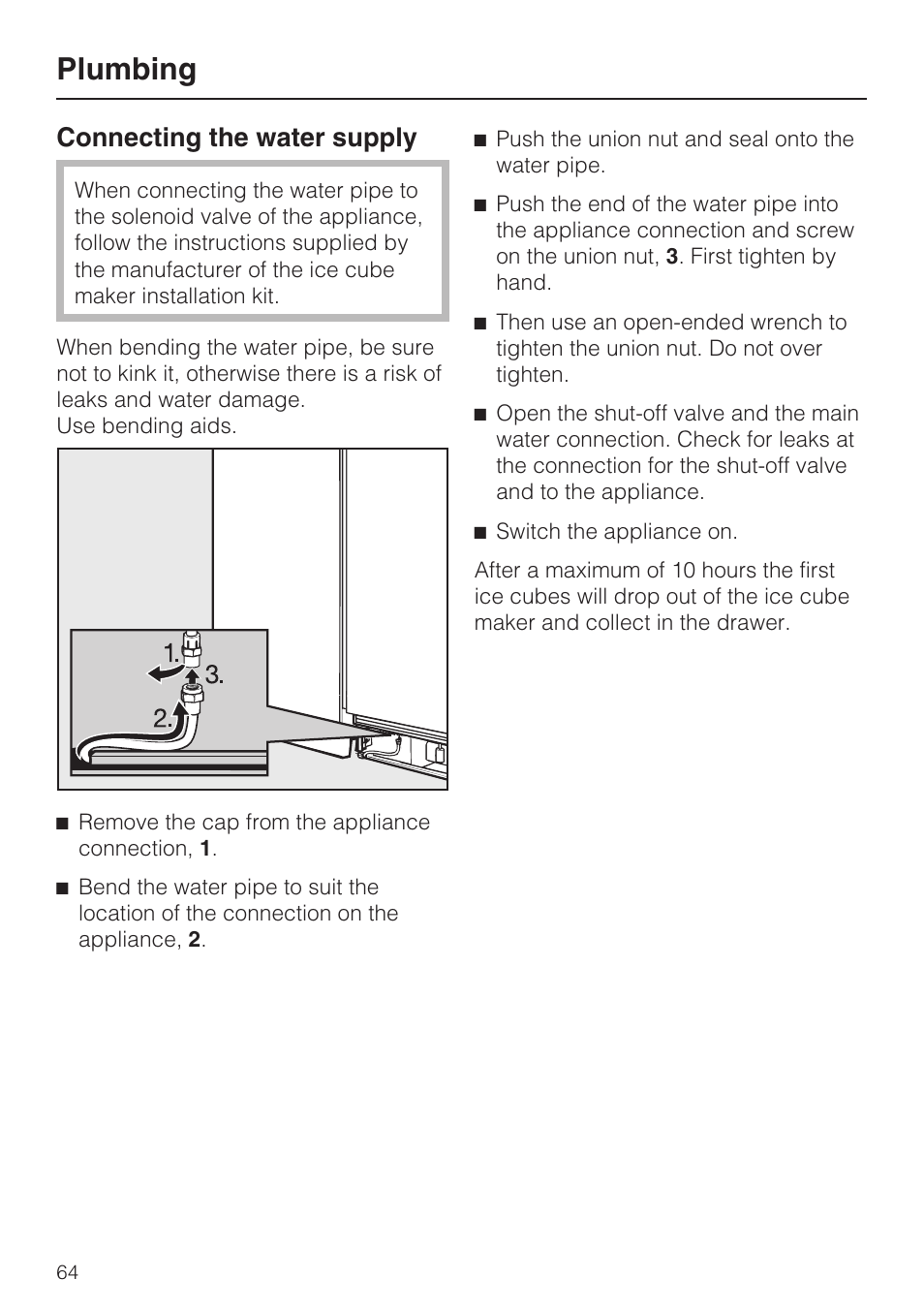 Plumbing, Connecting the water supply | Miele F1411SF User Manual | Page 64 / 72