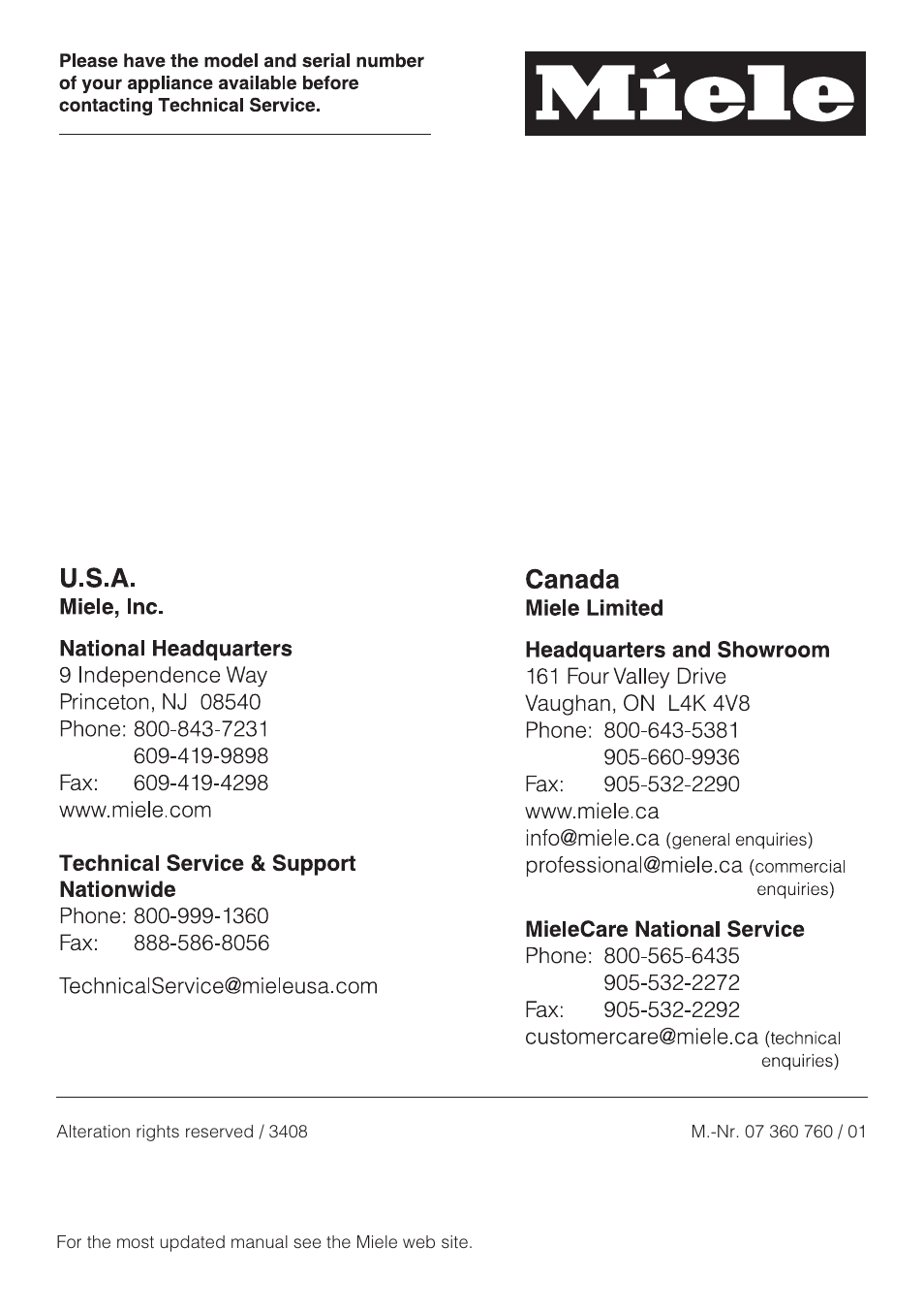 Miele F1411SF User Manual | Page 72 / 72