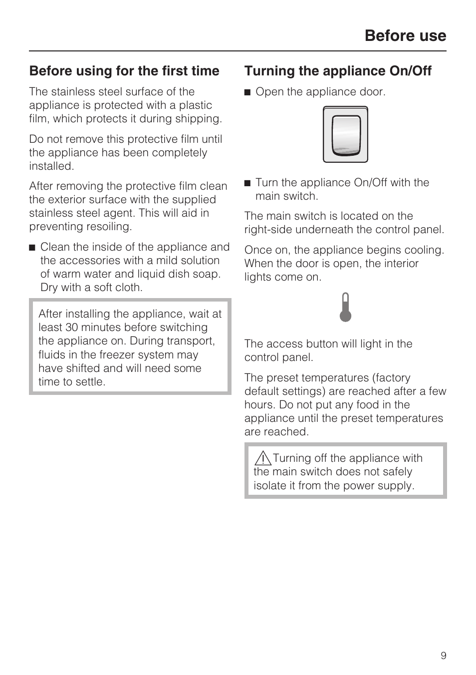 Before use 9, Turning the appliance on/off 9, Before use | Before using for the first time, Turning the appliance on/off | Miele F1411SF User Manual | Page 9 / 72