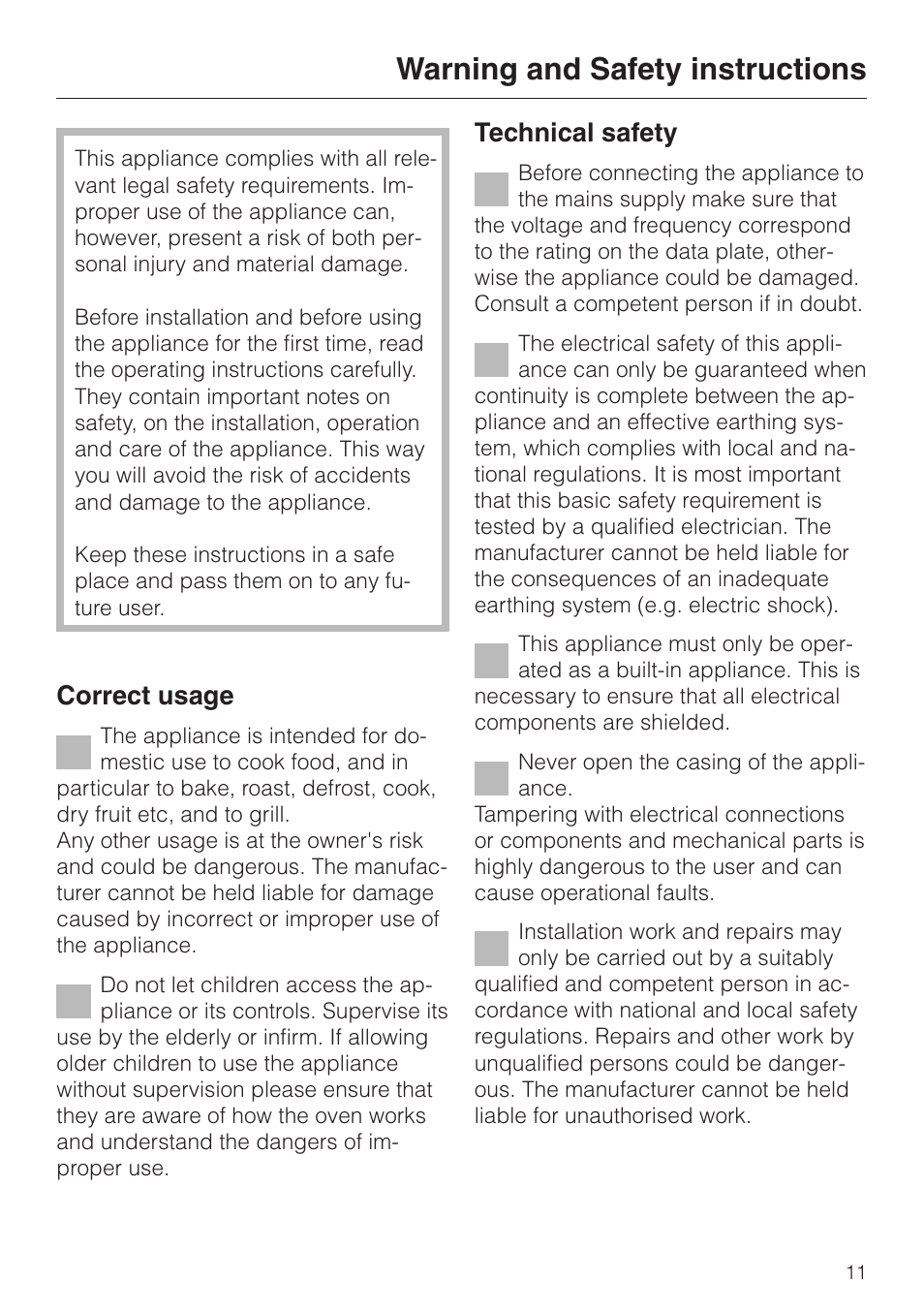 Warning and safety instructions 11, Warning and safety instructions, Correct usage | Technical safety | Miele H 387-1 B KAT User Manual | Page 11 / 76