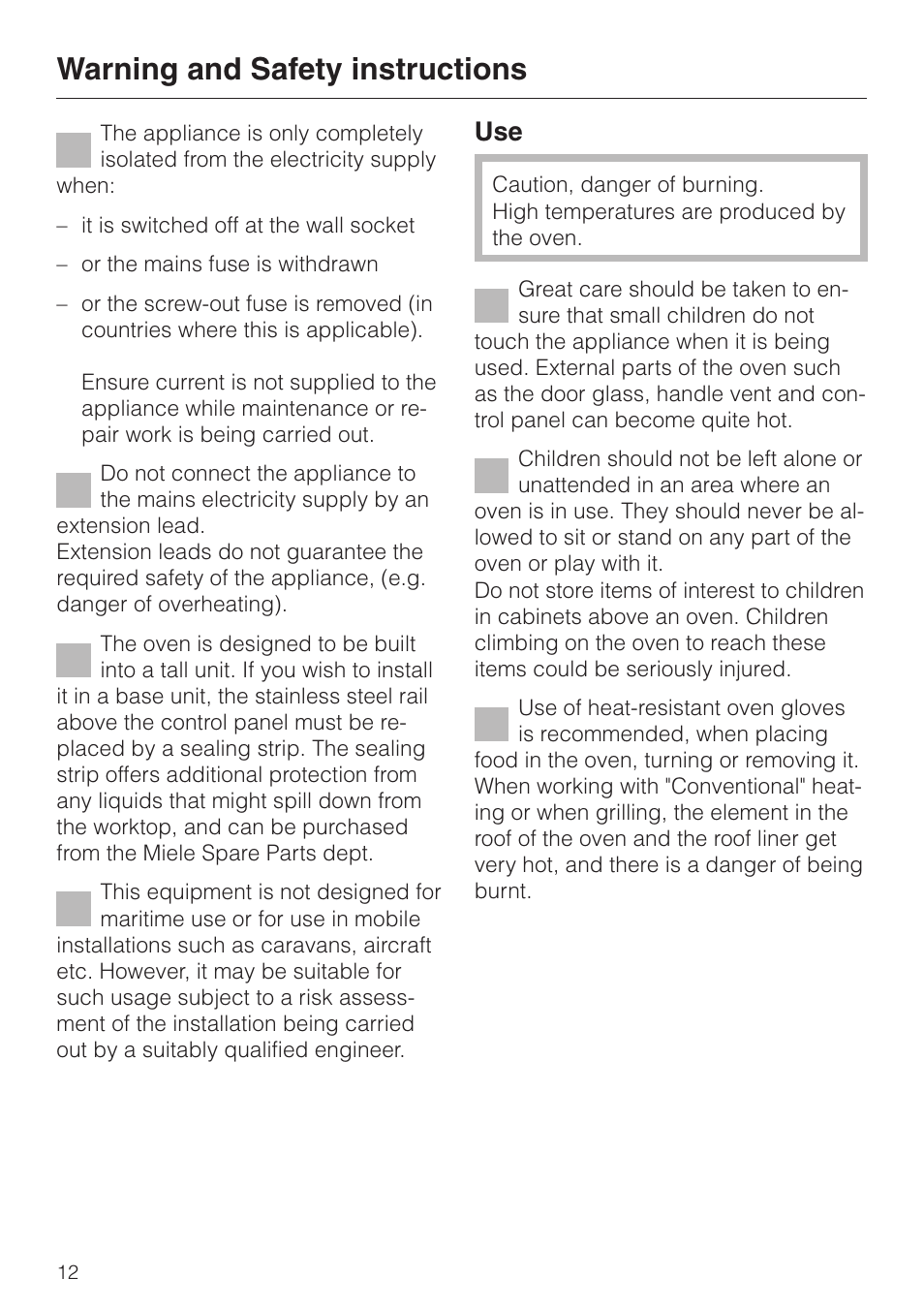 Warning and safety instructions | Miele H 387-1 B KAT User Manual | Page 12 / 76