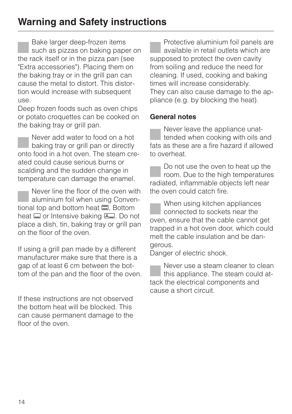 Warning and safety instructions | Miele H 387-1 B KAT User Manual | Page 14 / 76