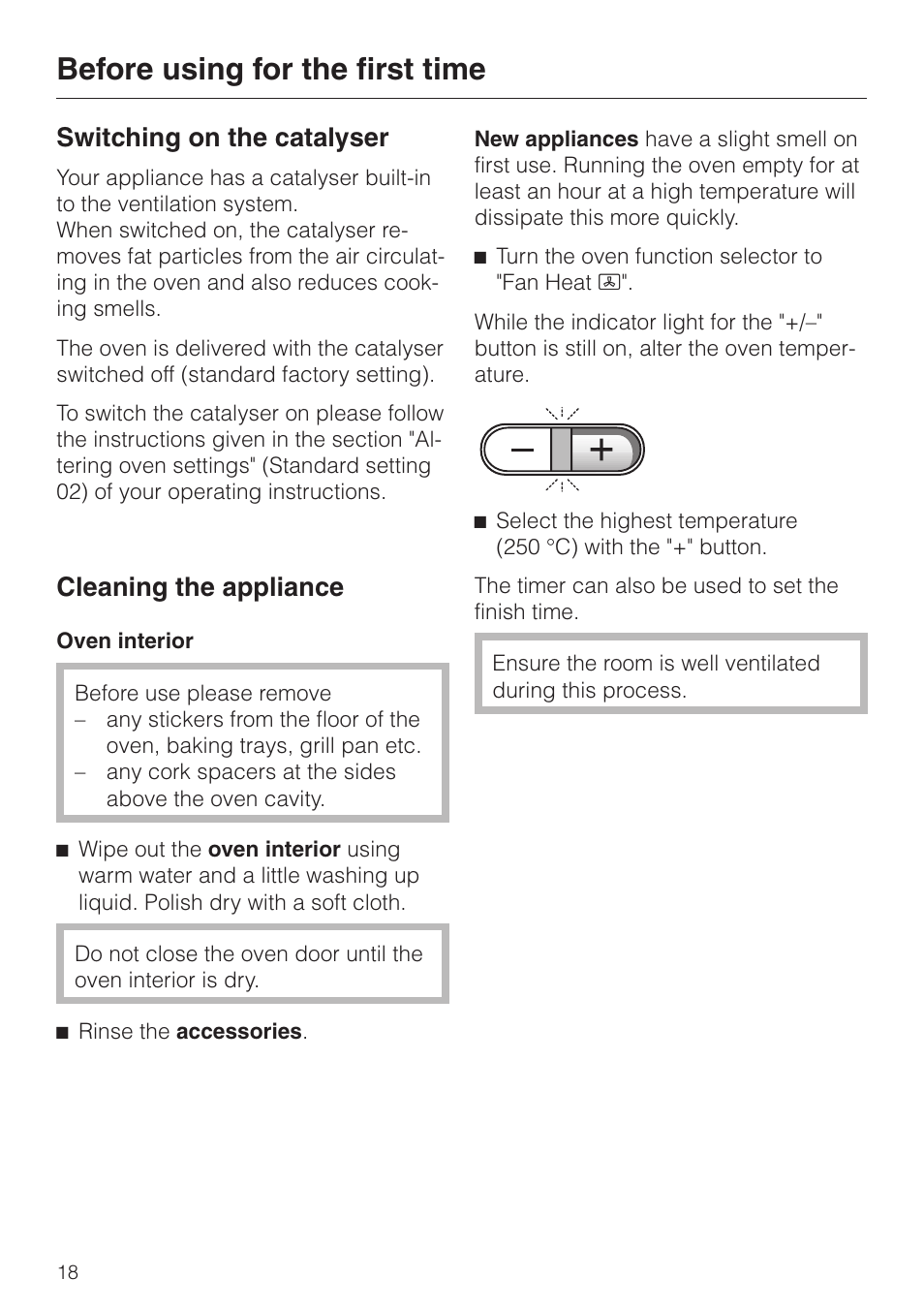 Switching on the catalyser 18, Cleaning the appliance 18, Switching on the catalyser cleaning the appliance | Before using for the first time, Switching on the catalyser, Cleaning the appliance | Miele H 387-1 B KAT User Manual | Page 18 / 76