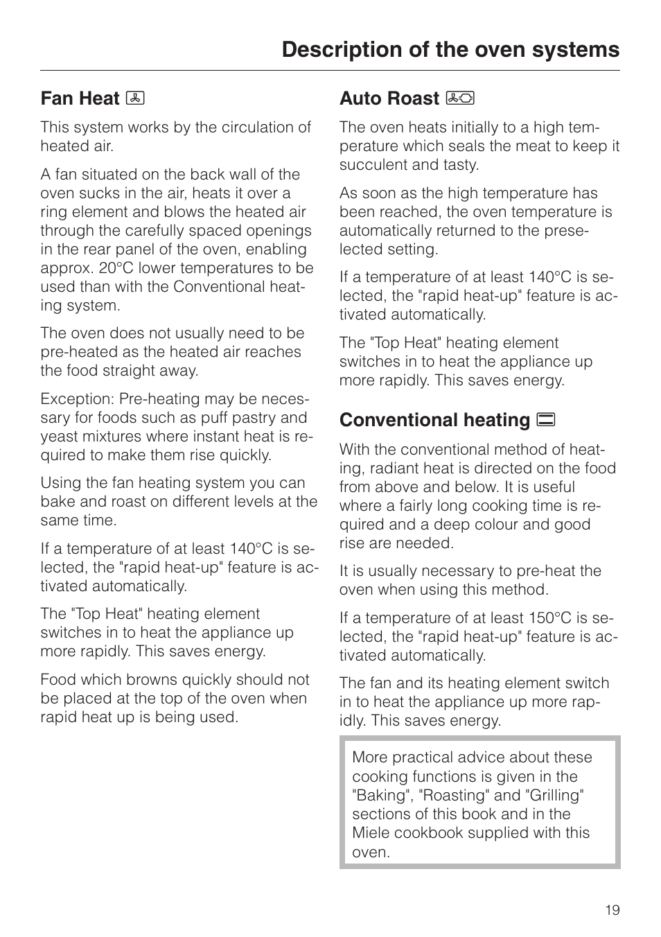 Description of the oven systems 19, Description of the oven systems, Fan heat d | Auto roast e, Conventional heating a | Miele H 387-1 B KAT User Manual | Page 19 / 76