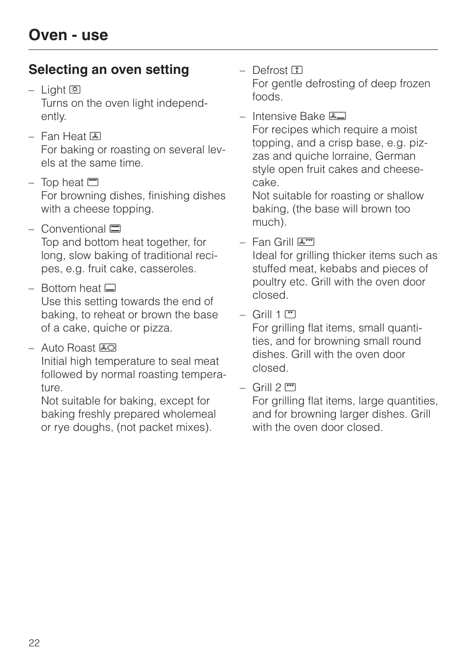 Selecting an oven setting 22, Selecting an oven setting, Oven - use | Miele H 387-1 B KAT User Manual | Page 22 / 76