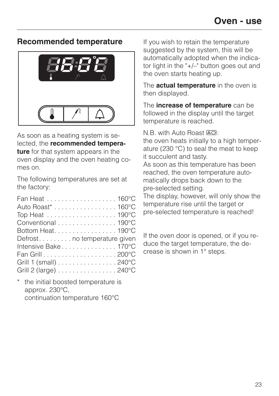 Recommended temperature 23, Recommended temperature, Oven - use | Miele H 387-1 B KAT User Manual | Page 23 / 76
