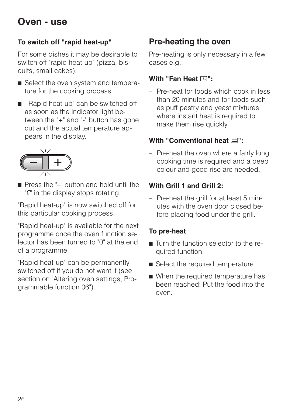 To switch off "rapid heat-up" 26, Pre-heating the oven 26, To switch off "rapid heat-up | Pre-heating the oven, Oven - use | Miele H 387-1 B KAT User Manual | Page 26 / 76