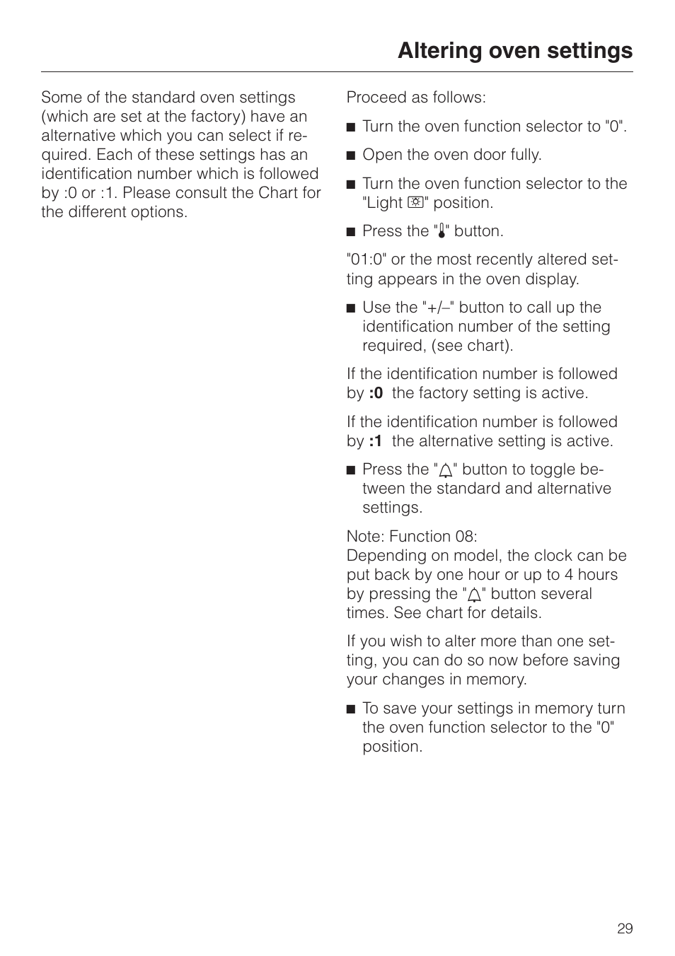 Altering oven settings 29, Altering oven settings | Miele H 387-1 B KAT User Manual | Page 29 / 76