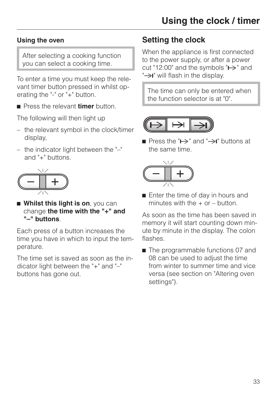 Using the oven 33, Setting the clock 33, Using the oven | Setting the clock, Using the clock / timer | Miele H 387-1 B KAT User Manual | Page 33 / 76