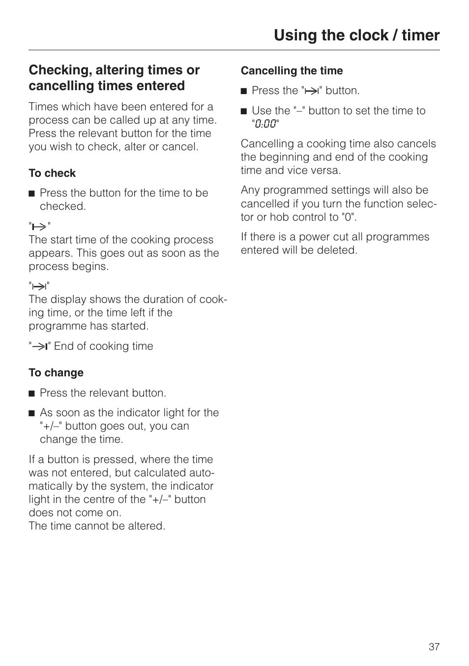 Using the clock / timer | Miele H 387-1 B KAT User Manual | Page 37 / 76