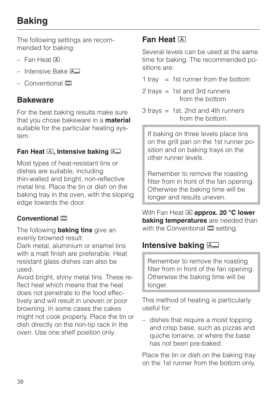 Baking 38, Baking, Bakeware | Fan heat d, Intensive baking f | Miele H 387-1 B KAT User Manual | Page 38 / 76