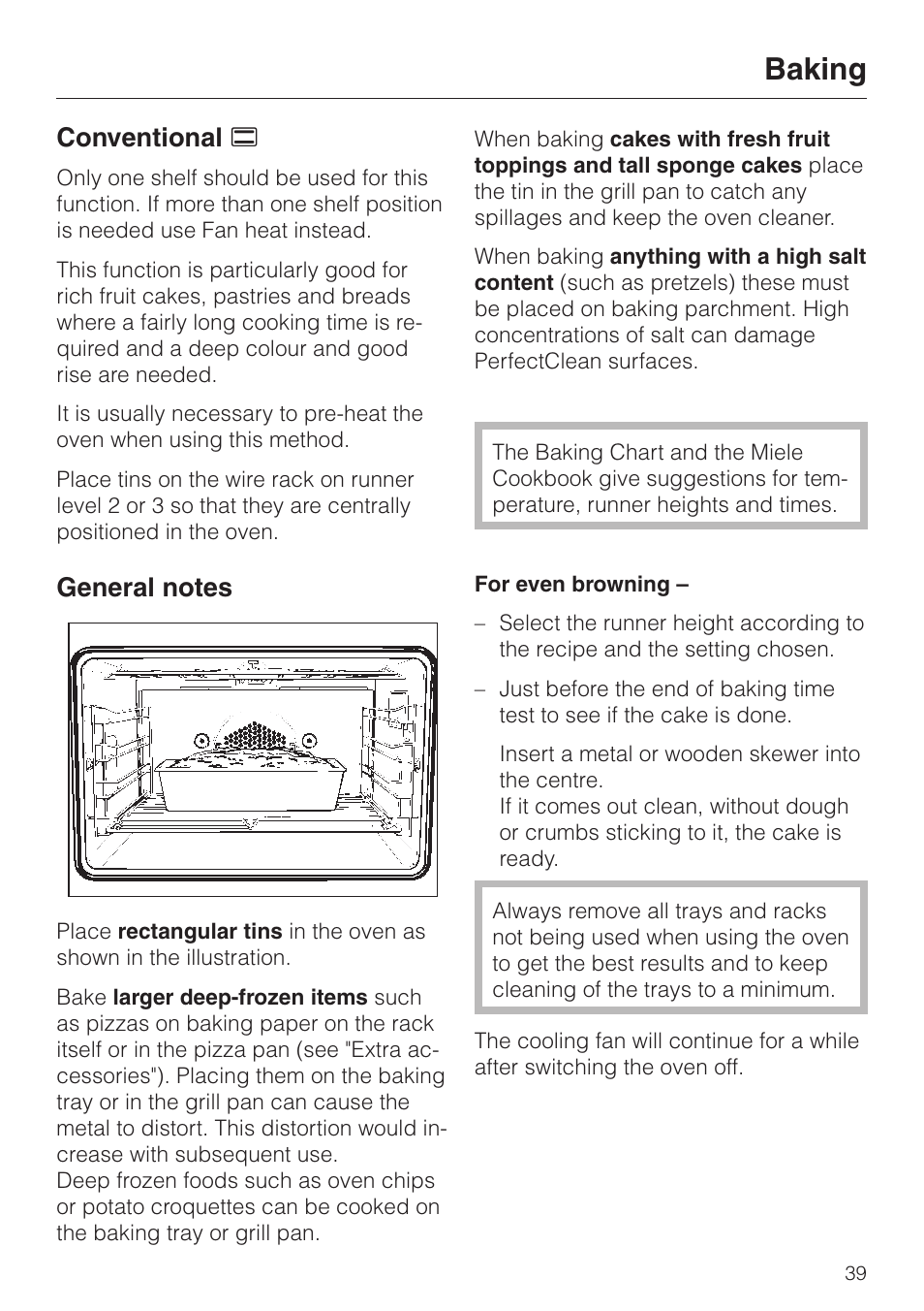 Baking, Conventional a | Miele H 387-1 B KAT User Manual | Page 39 / 76