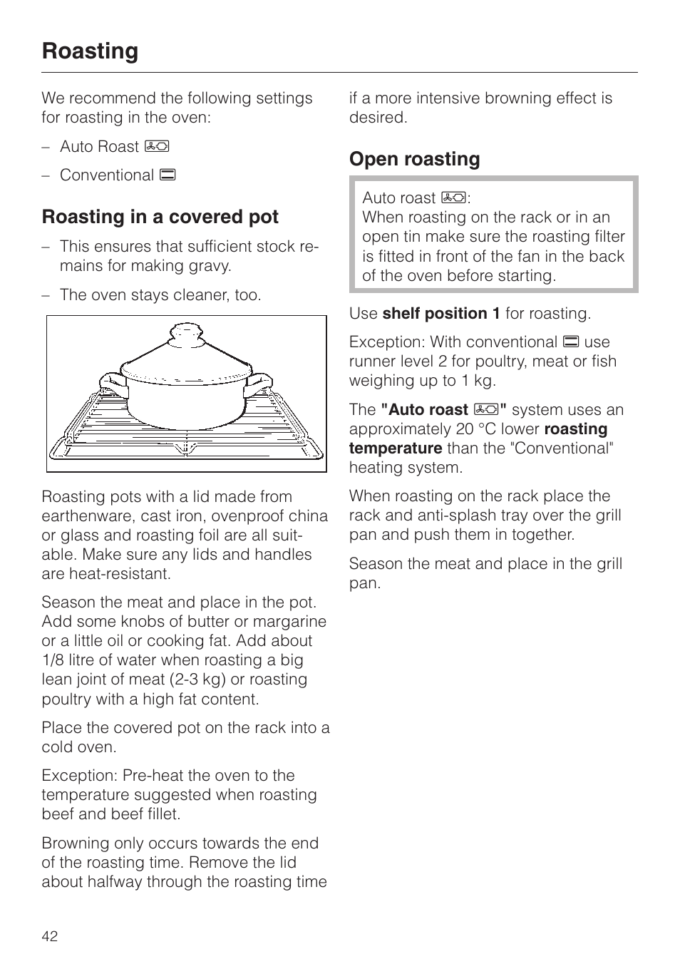 Roasting 42, Roasting, Roasting in a covered pot | Open roasting | Miele H 387-1 B KAT User Manual | Page 42 / 76