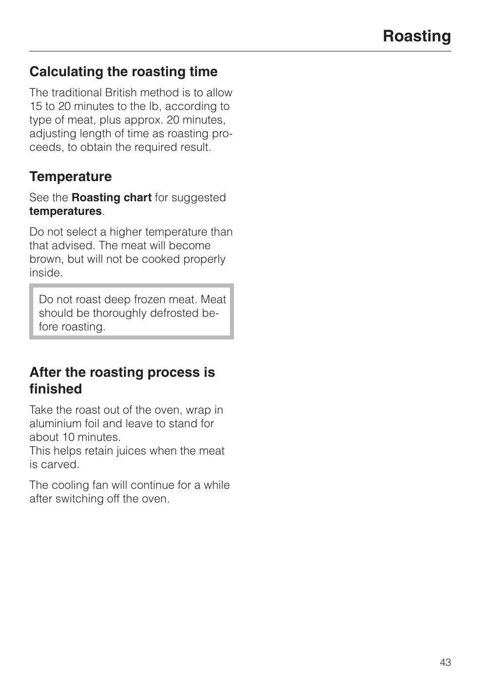 Roasting, Calculating the roasting time, Temperature | After the roasting process is finished | Miele H 387-1 B KAT User Manual | Page 43 / 76