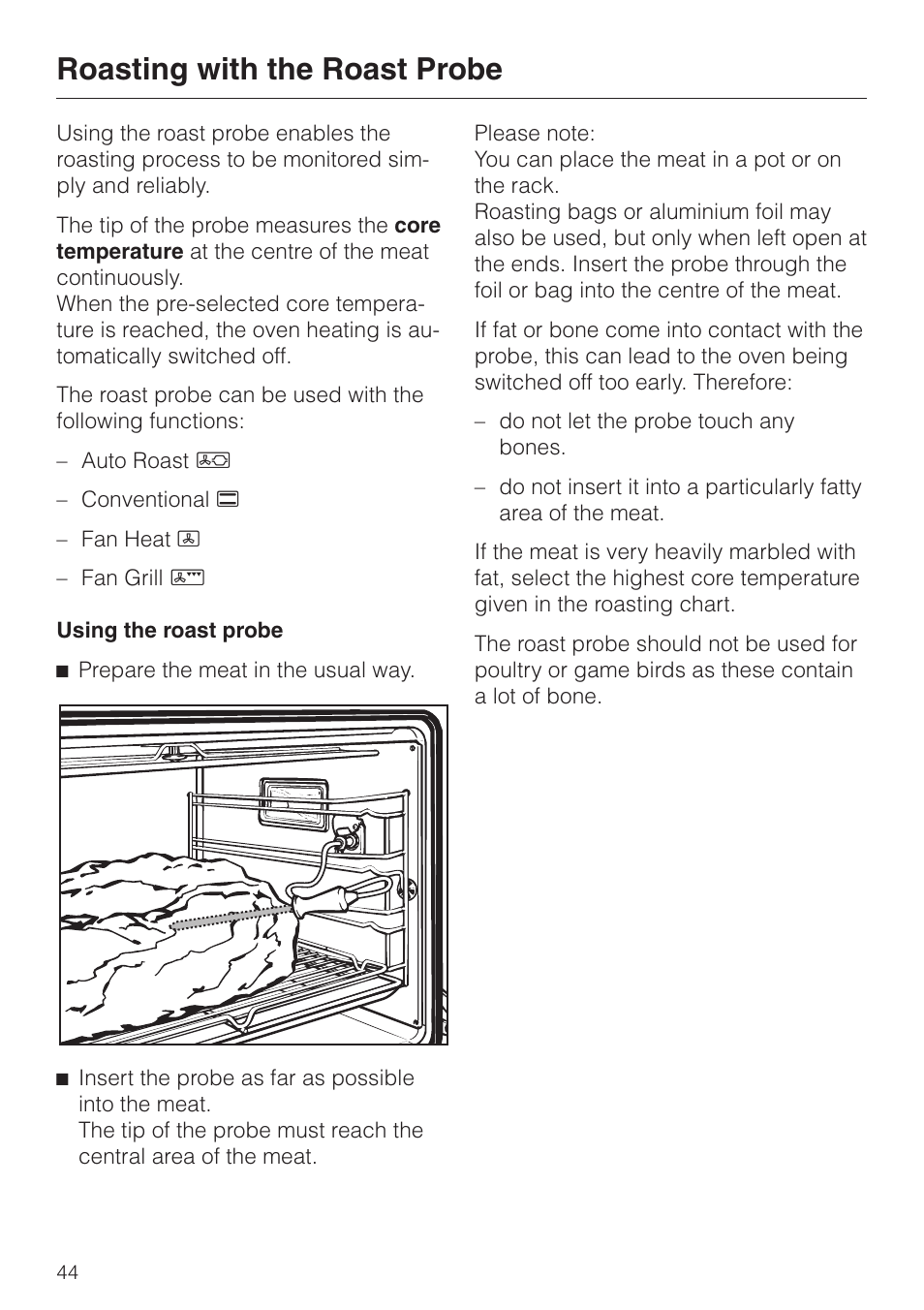 Roasting with the roast probe 44, Roasting with the roast probe | Miele H 387-1 B KAT User Manual | Page 44 / 76