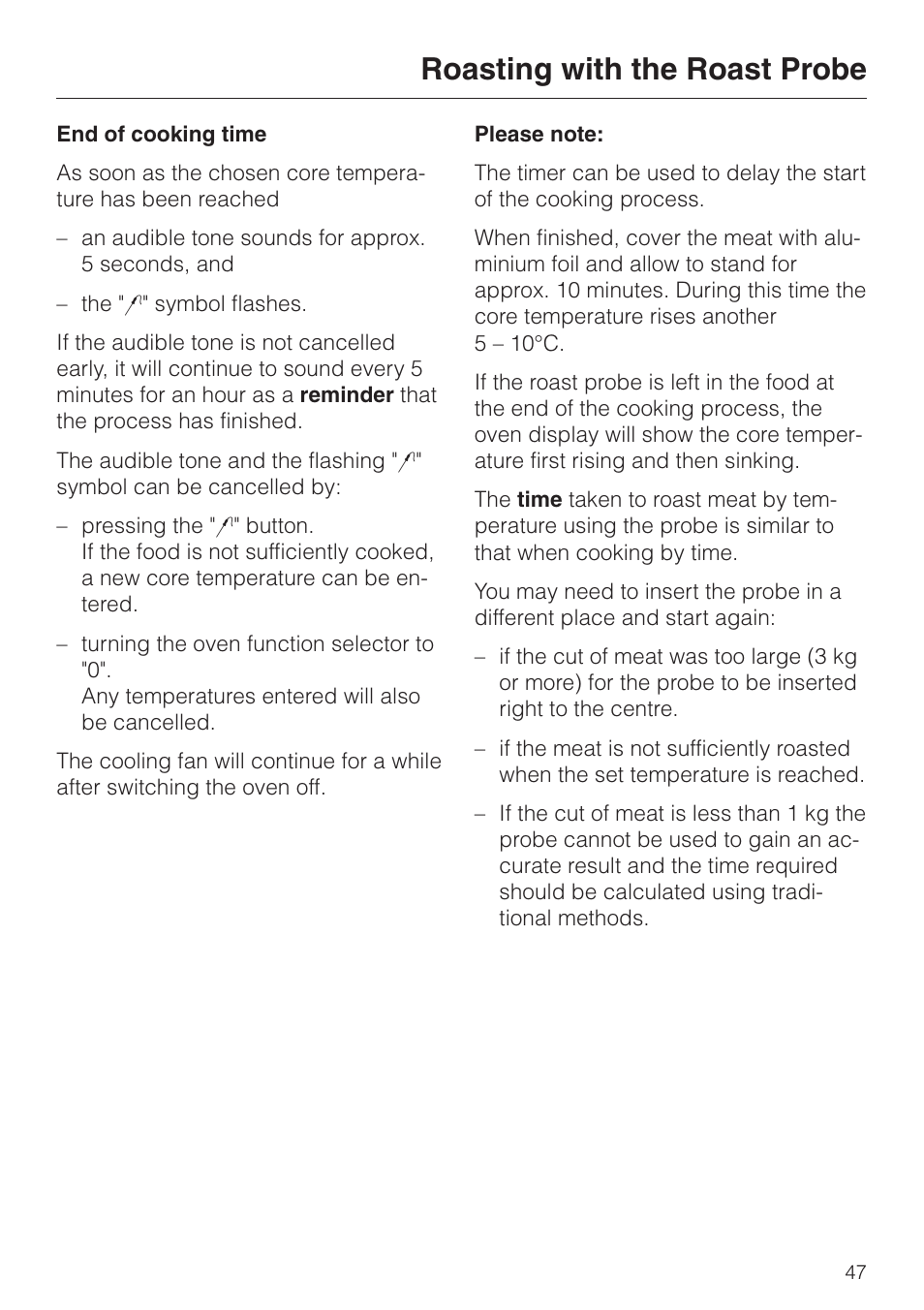 Roasting with the roast probe | Miele H 387-1 B KAT User Manual | Page 47 / 76