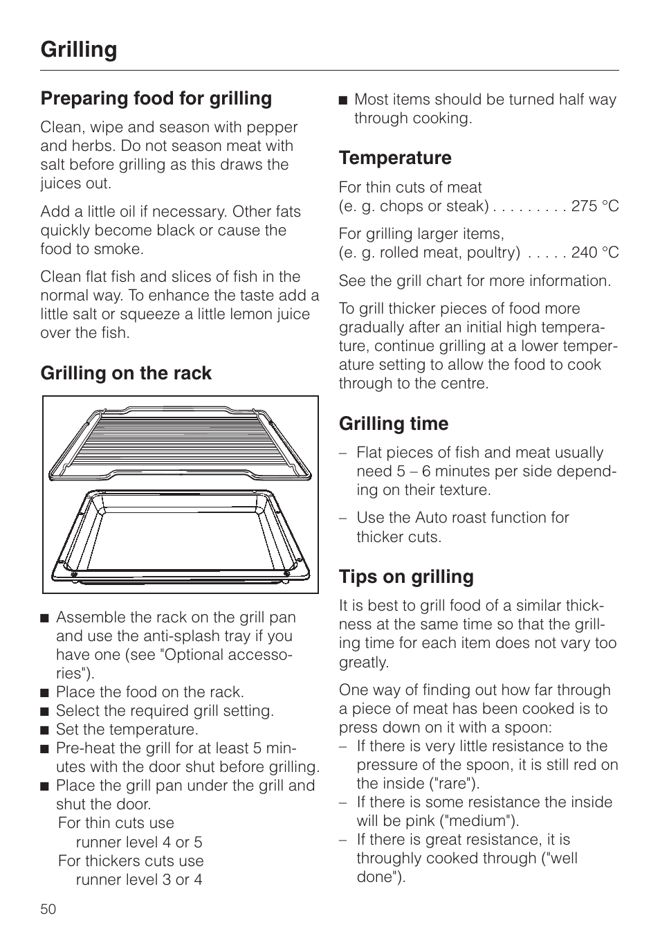 Grilling, Preparing food for grilling, Grilling on the rack | Temperature, Grilling time, Tips on grilling | Miele H 387-1 B KAT User Manual | Page 50 / 76