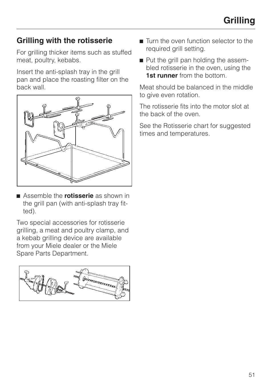 Grilling, Grilling with the rotisserie | Miele H 387-1 B KAT User Manual | Page 51 / 76