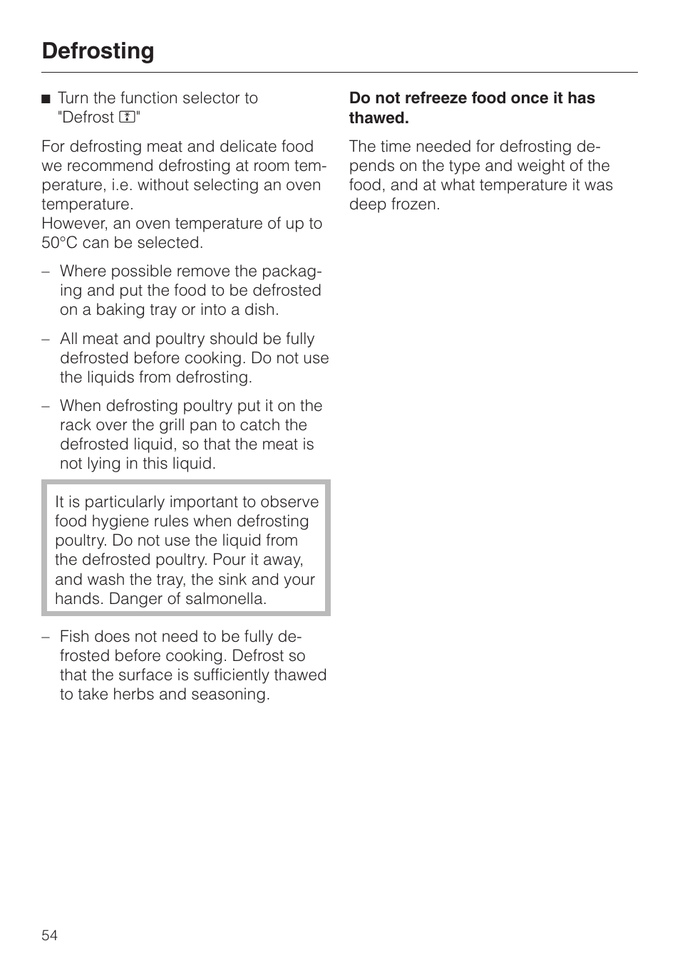 Defrosting 54, Defrosting | Miele H 387-1 B KAT User Manual | Page 54 / 76