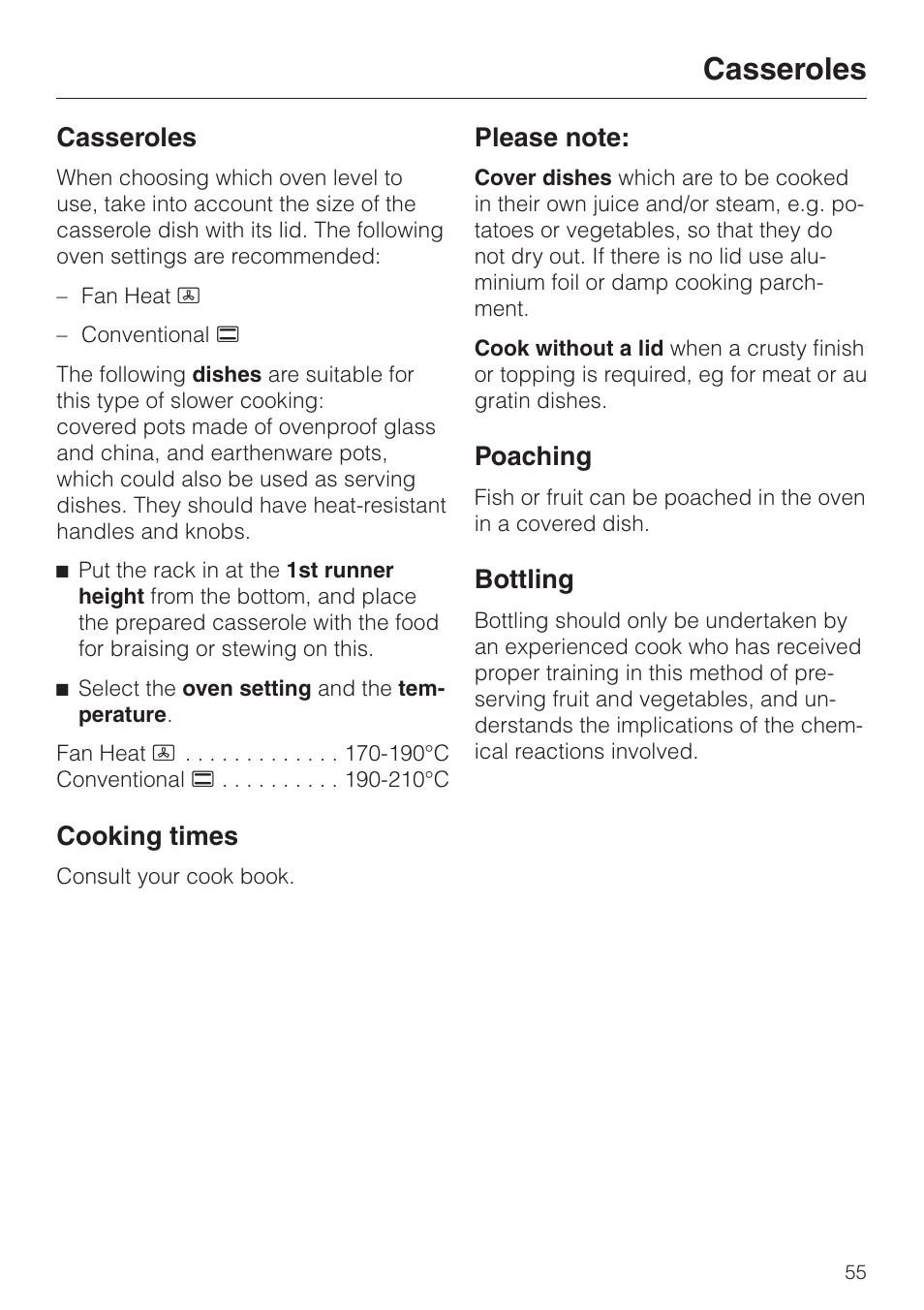 Casseroles 55, Casseroles, Cooking times | Poaching, Bottling | Miele H 387-1 B KAT User Manual | Page 55 / 76