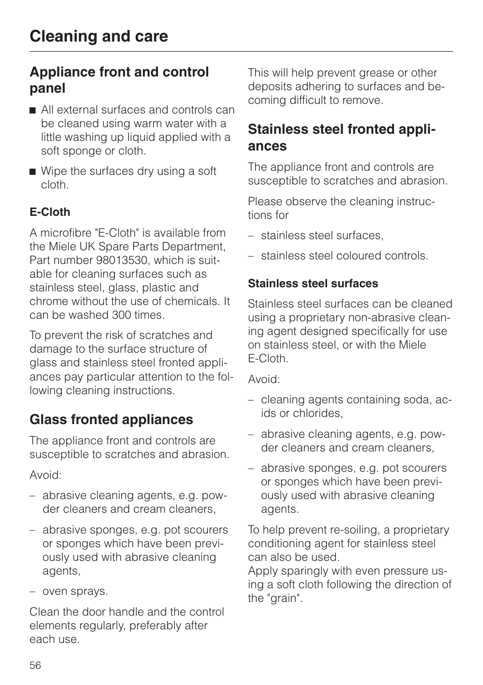 Cleaning and care 56, Appliance front and control panel 56, Cleaning and care | Appliance front and control panel, Glass fronted appliances, Stainless steel fronted appli- ances | Miele H 387-1 B KAT User Manual | Page 56 / 76