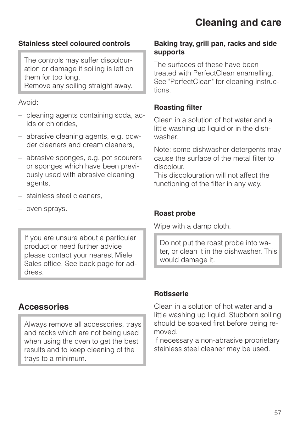 Accessories 57, Accessories, Cleaning and care | Miele H 387-1 B KAT User Manual | Page 57 / 76