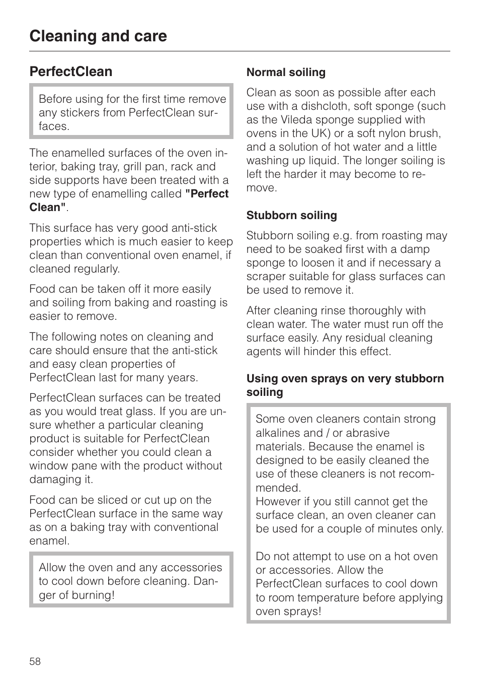 Perfectclean 58, Perfectclean, Cleaning and care | Miele H 387-1 B KAT User Manual | Page 58 / 76