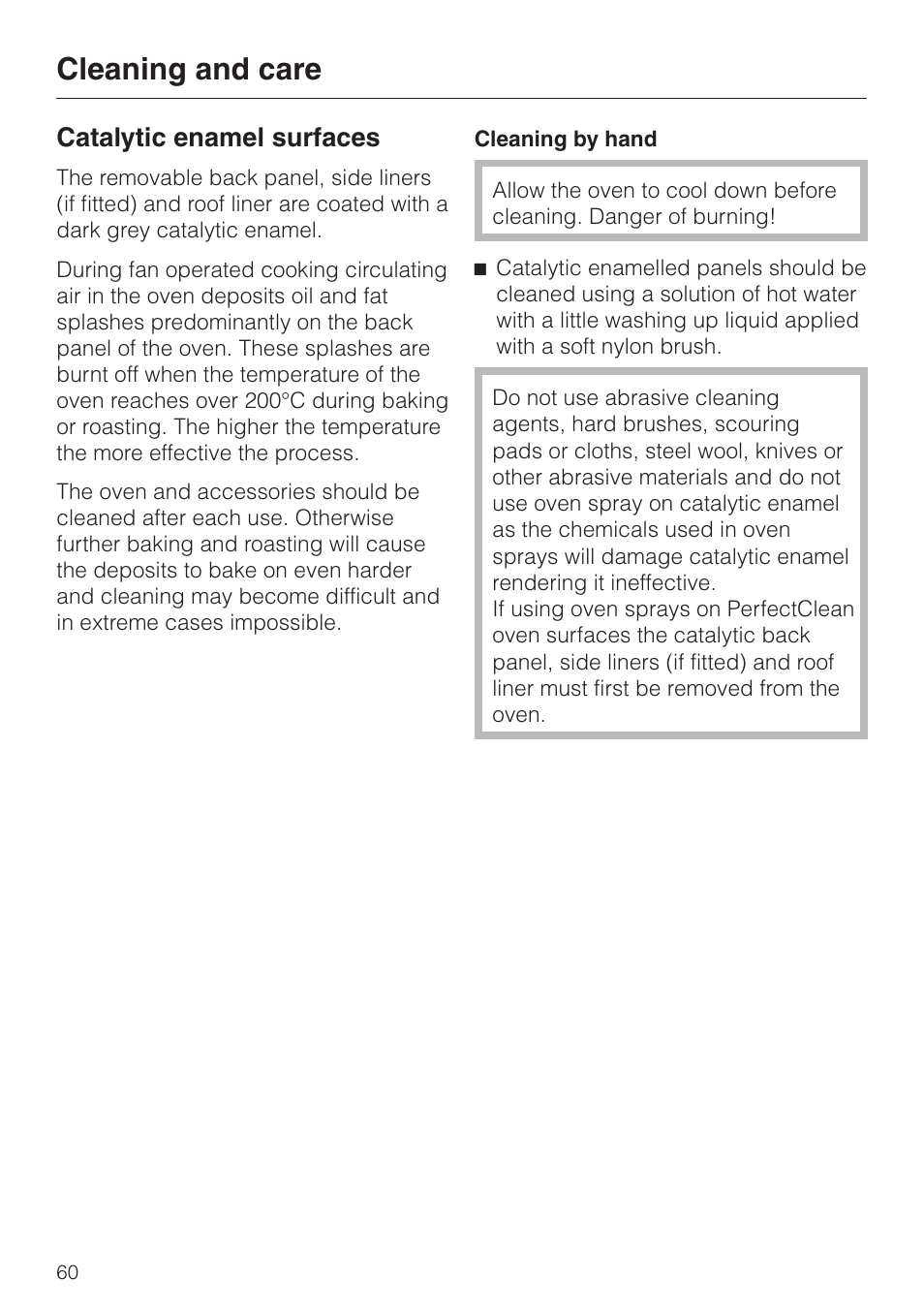 Catalytic enamel surfaces 60, Catalytic enamel surfaces, Cleaning and care | Miele H 387-1 B KAT User Manual | Page 60 / 76