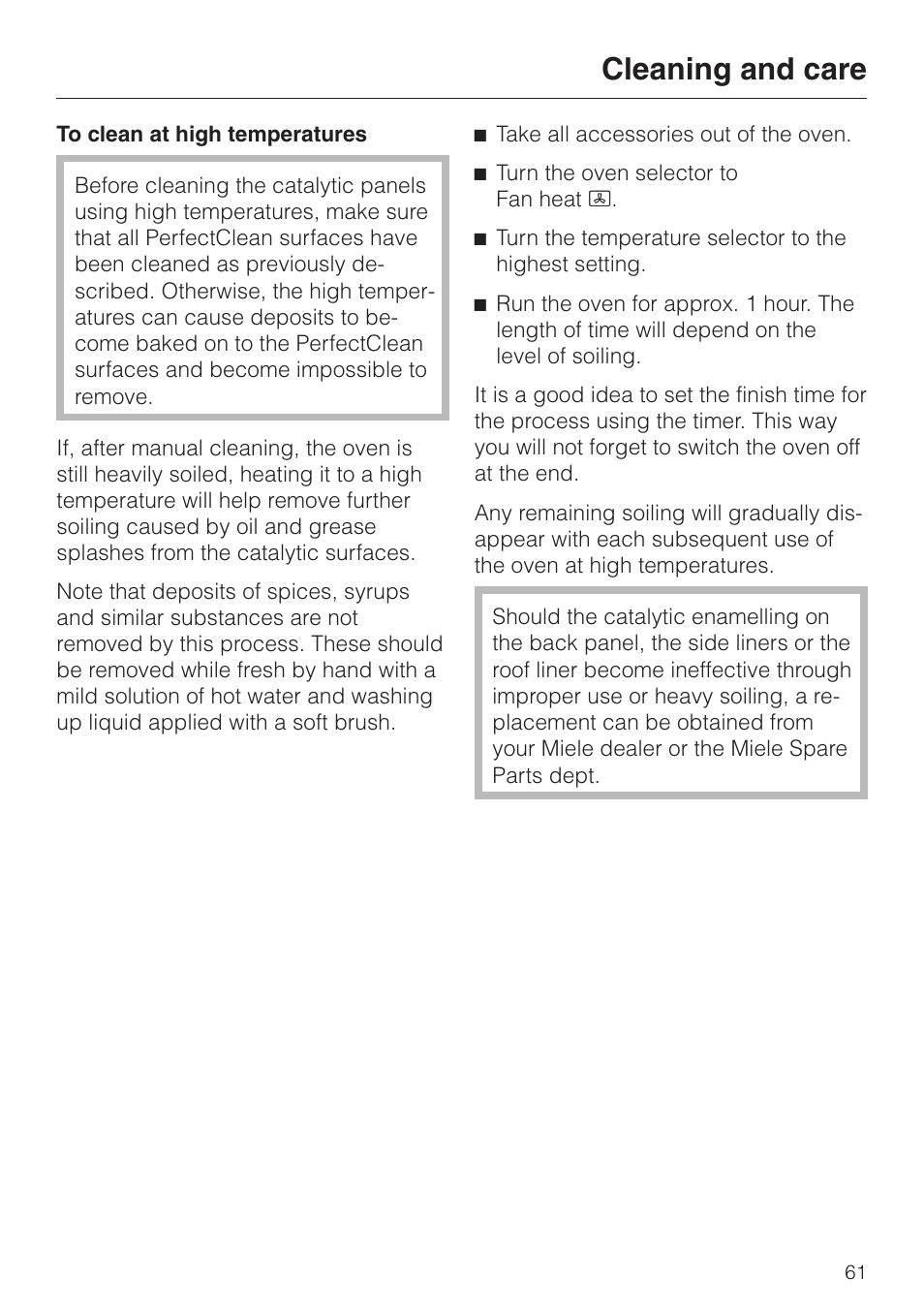 Cleaning and care | Miele H 387-1 B KAT User Manual | Page 61 / 76