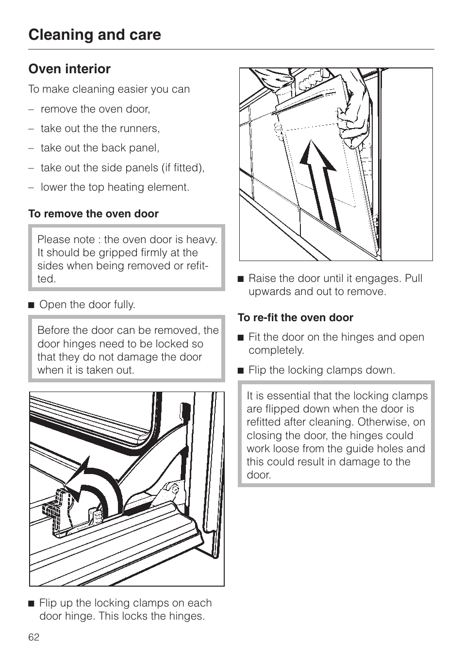 Oven interior 62, To remove the oven door 62, Oven interior | To remove the oven door, Cleaning and care | Miele H 387-1 B KAT User Manual | Page 62 / 76