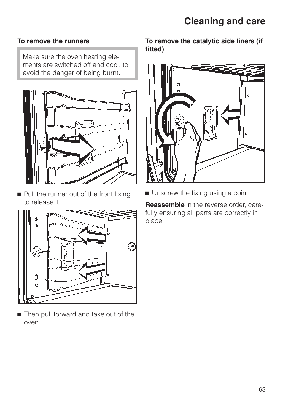 To remove the runners 63, To remove the catalytic side liners (if fitted) 63, Cleaning and care | Miele H 387-1 B KAT User Manual | Page 63 / 76