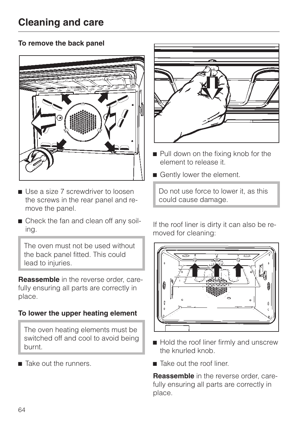 To remove the back panel 64, To lower the upper heating element 64, Cleaning and care | Miele H 387-1 B KAT User Manual | Page 64 / 76