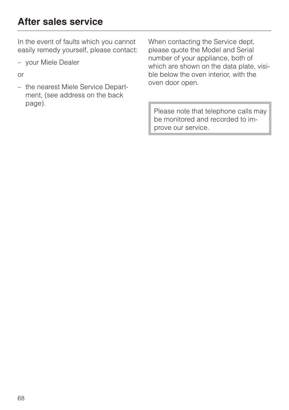 After sales service 68, After sales service | Miele H 387-1 B KAT User Manual | Page 68 / 76