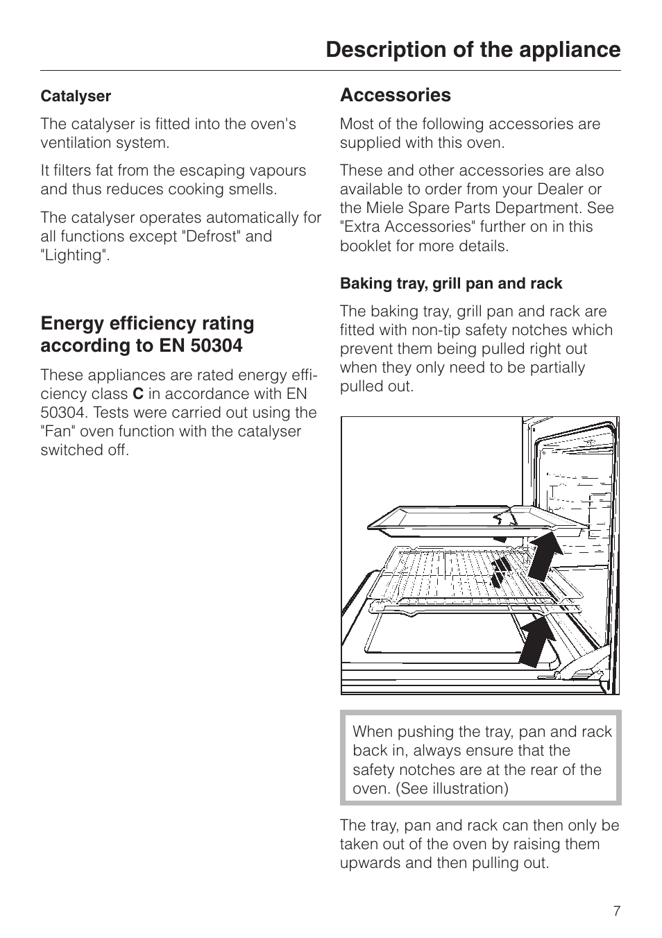 Energy efficiency rating according to en 50304 7, Accessories 7, Baking tray, grill pan and rack 7 | Baking tray, grill pan and rack, Description of the appliance, Accessories | Miele H 387-1 B KAT User Manual | Page 7 / 76