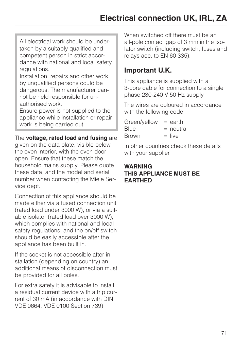 Electrical connection uk, irl, za 71, Electrical connection uk, irl, za, Important u.k | Miele H 387-1 B KAT User Manual | Page 71 / 76