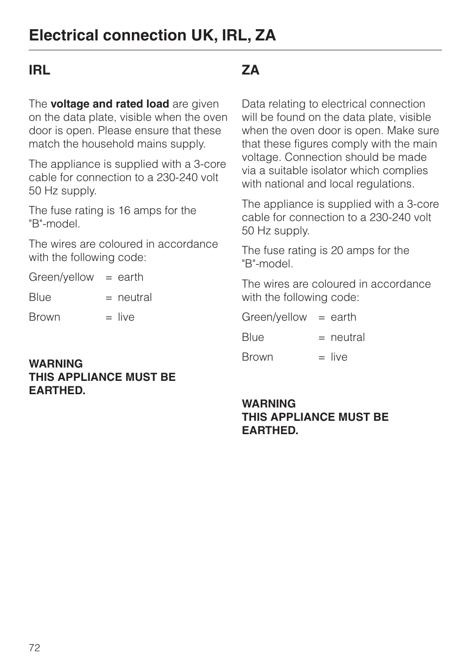 Electrical connection uk, irl, za | Miele H 387-1 B KAT User Manual | Page 72 / 76