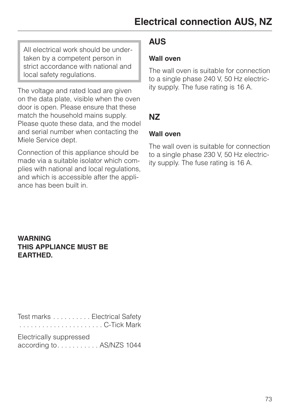 Electrical connection aus, nz 73, Electrical connection aus, nz | Miele H 387-1 B KAT User Manual | Page 73 / 76