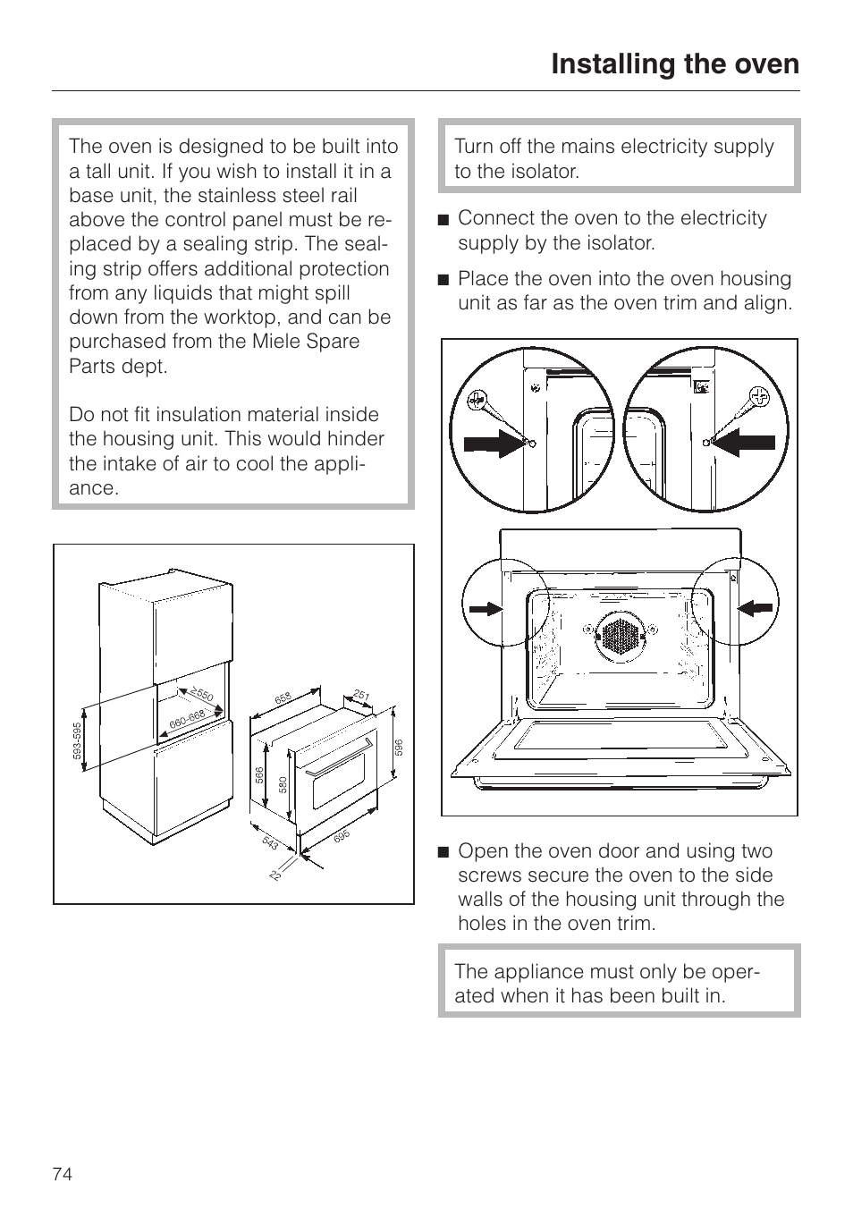 Installing the oven 74, Installing the oven | Miele H 387-1 B KAT User Manual | Page 74 / 76