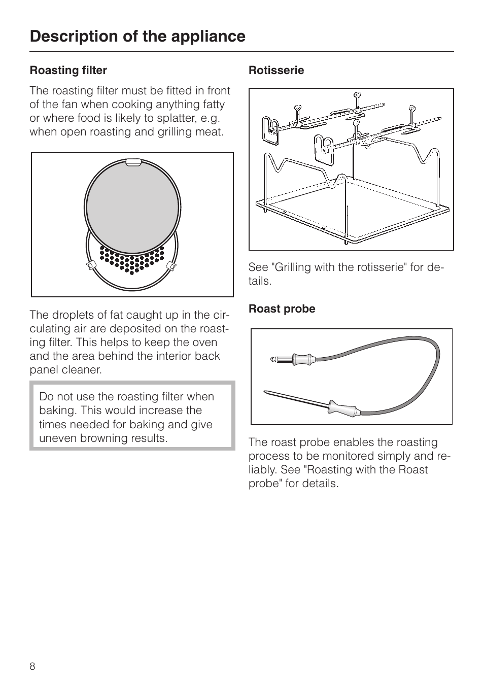 Roasting filter 8, Roast probe 8, Roasting filter roast probe | Description of the appliance | Miele H 387-1 B KAT User Manual | Page 8 / 76