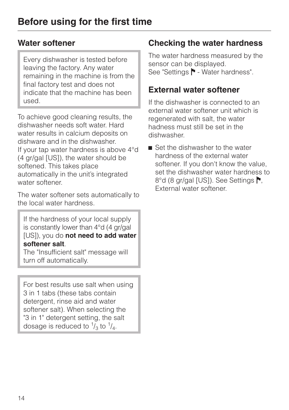 Water softener 14, Before using for the first time, Water softener | Checking the water hardness, External water softener | Miele LaPerla G 2830 SCi User Manual | Page 14 / 80