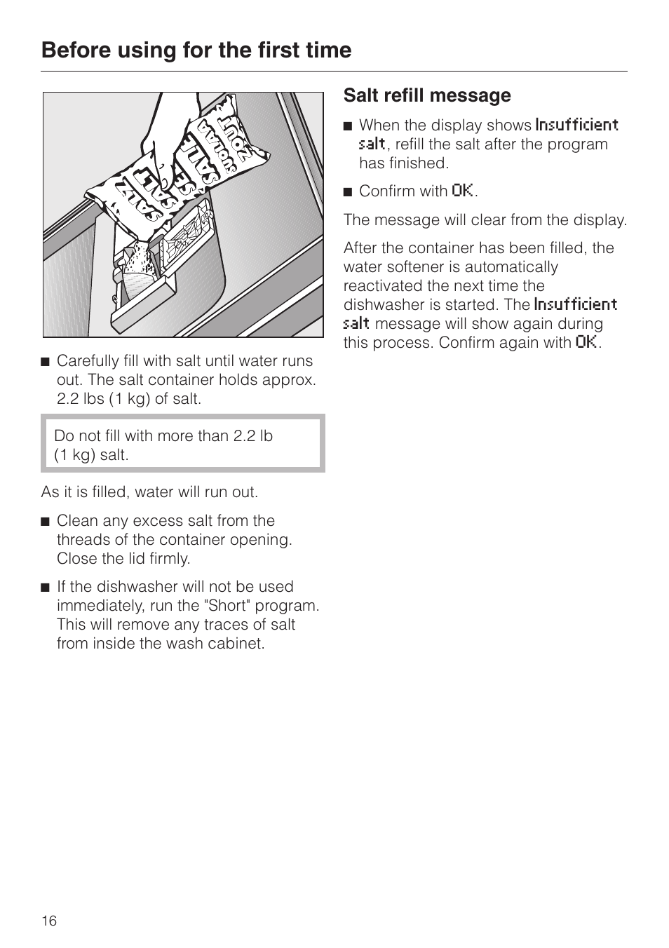 Salt refill message 16, Before using for the first time, Salt refill message | Miele LaPerla G 2830 SCi User Manual | Page 16 / 80