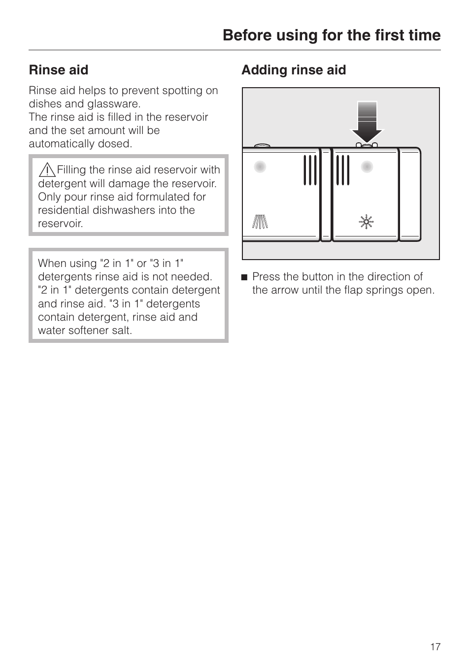 Rinse aid 17, Adding rinse aid 17, Before using for the first time | Miele LaPerla G 2830 SCi User Manual | Page 17 / 80